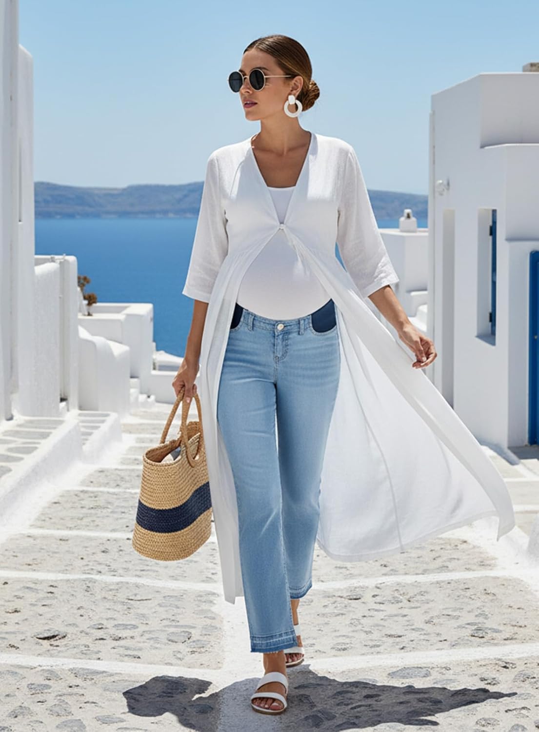 BLENCOT Women's Maternity Jeans Mid-Rise Elastic Waist Pregnancy Work Pants Ripped Leg Jean Pockets S-2XL - Image 3