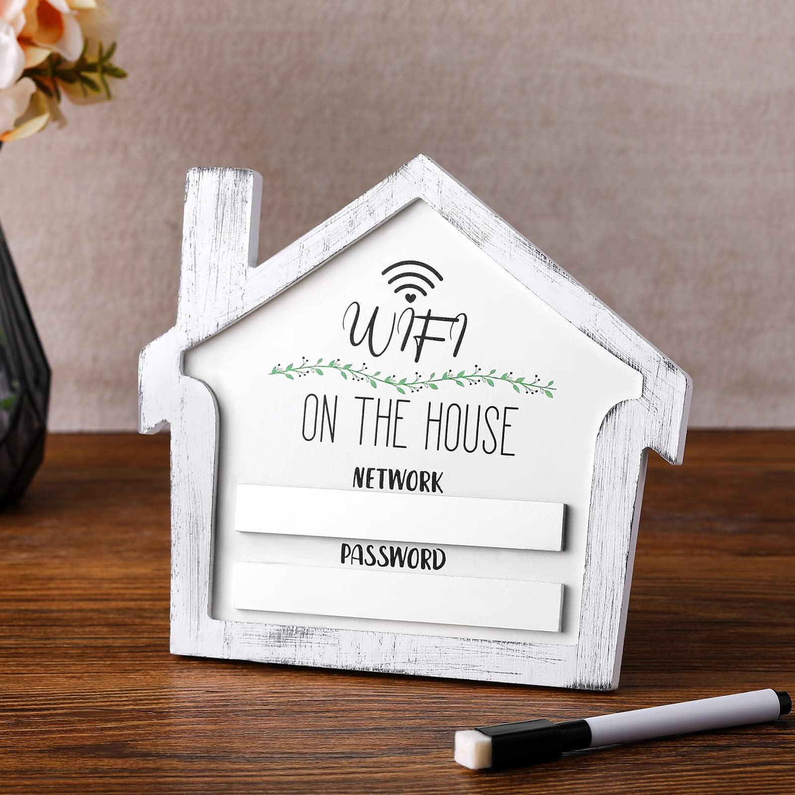 Wifi Sign with Marker Pen, Wifi Password Sign for Home Farmhouse Wood Home Decor Plaque with Writable and Erasable Surface, Hang or Stand, House Rustic Decorative(White)