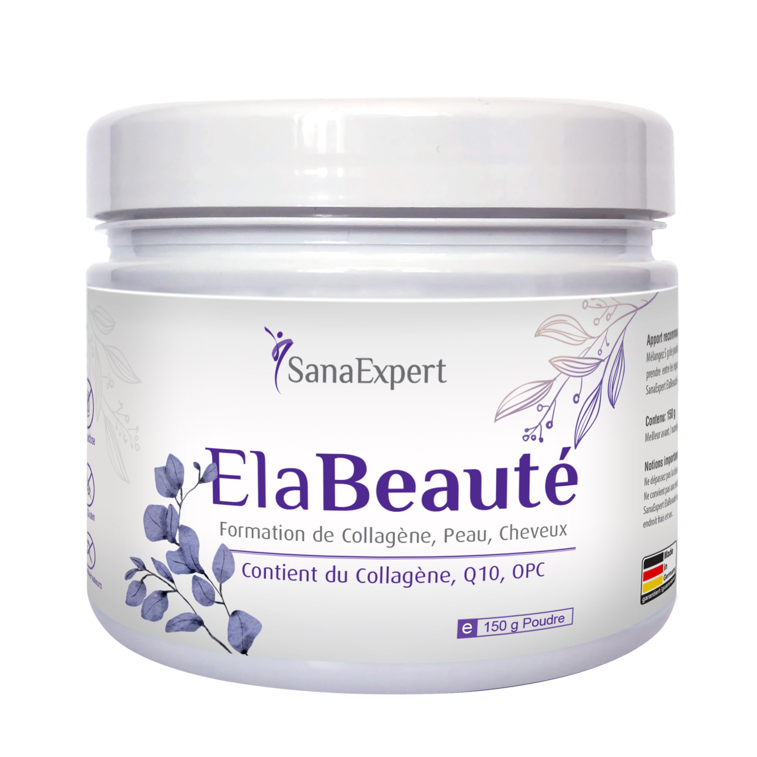 SanaExpert ElaBeauté | Collagène pour la Beauté de la Peau avec Q10, OPC, Biotine, Zinc et Vitamines | 150 Grammes | Ingrédients 100% Naturels | Fabriqué en Allemagne