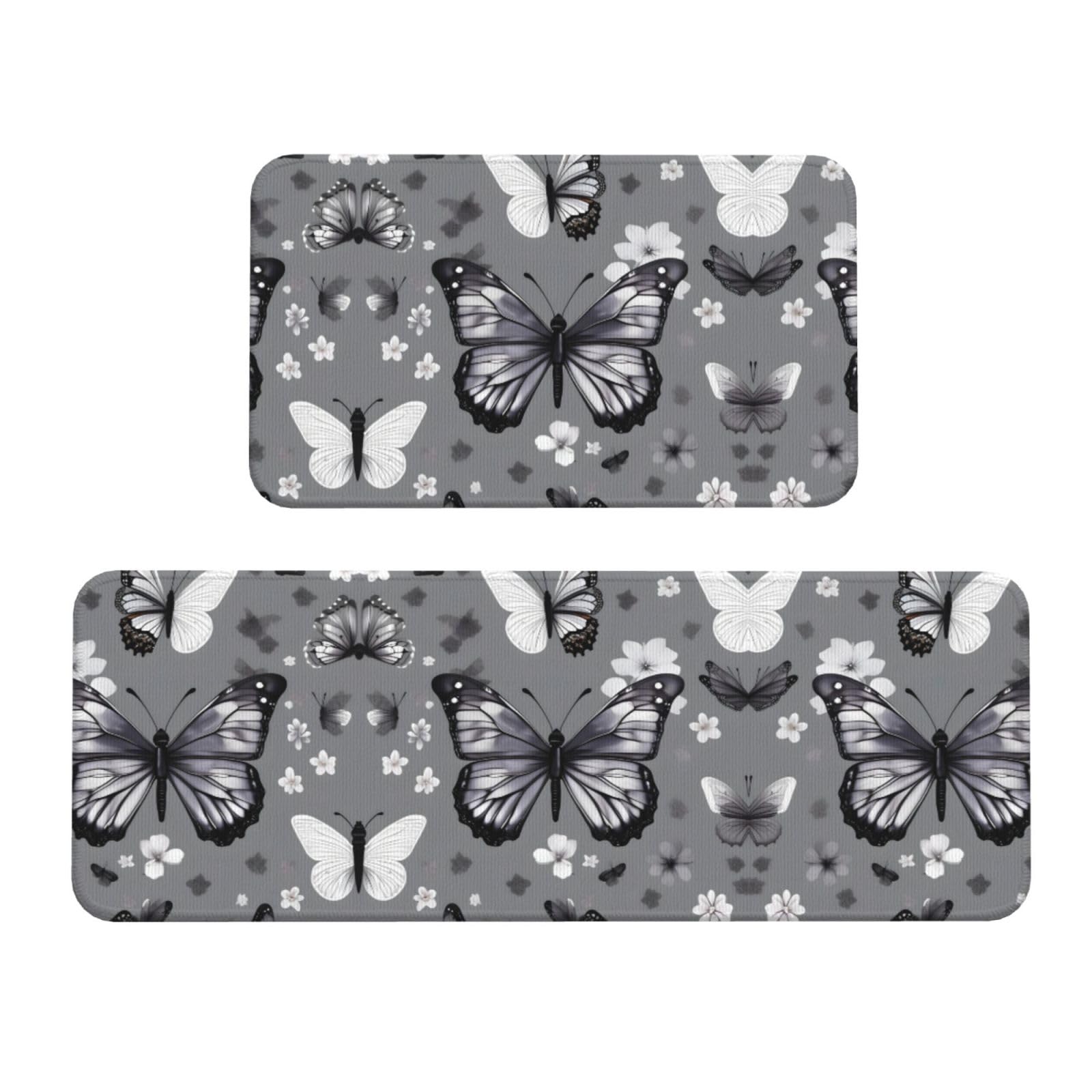 Tapis de cuisine antidérapants gris sarcelle avec motif papillon | Lot de 2
