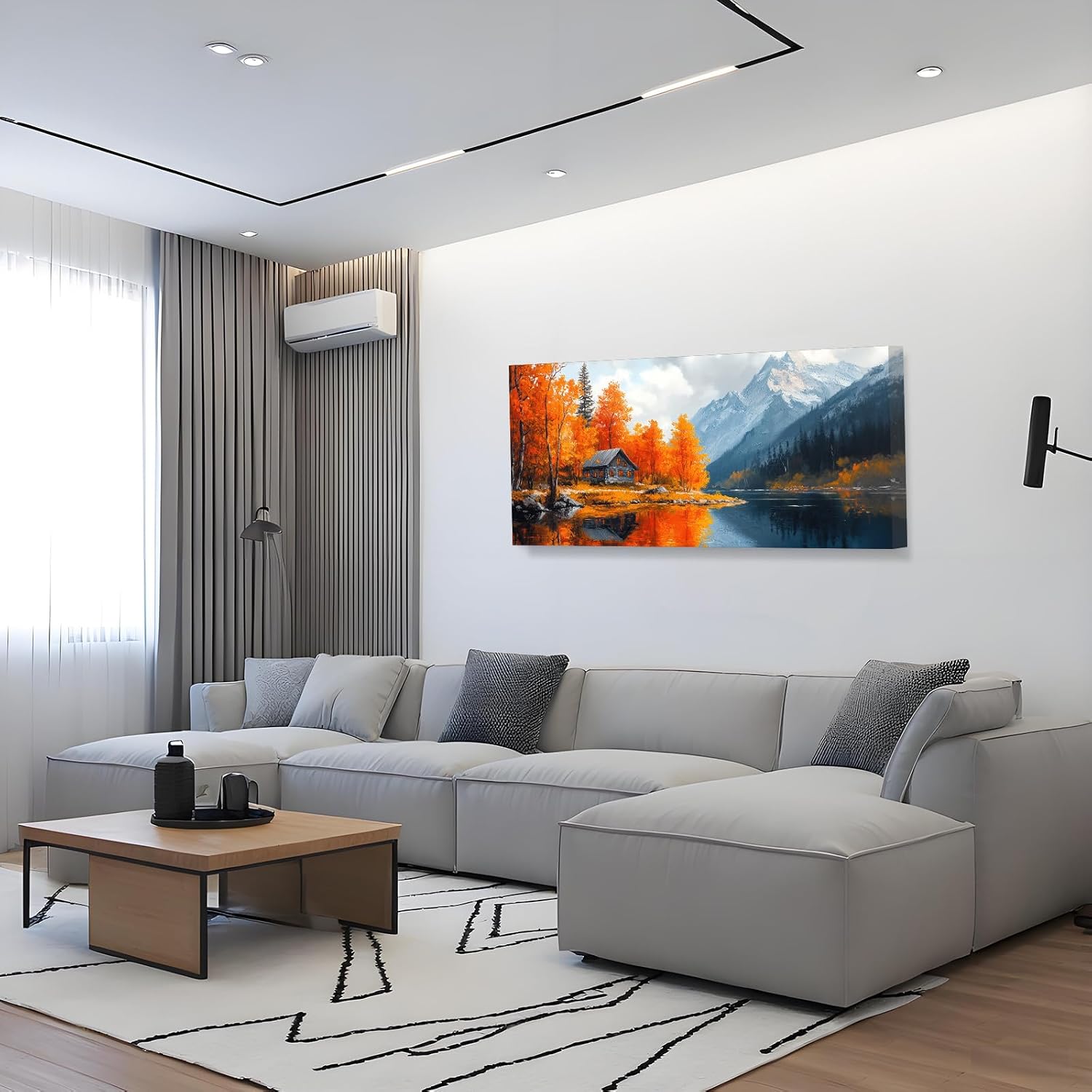 Craftline - Mountain Canvas Wall Art Autumn Maple Trees Photo Fall Natural Scenery Painting Cabin by Lake Landscape Picture Modern Poster Framed Artwork for Living Room Office Bedroom Decor 32x16inch