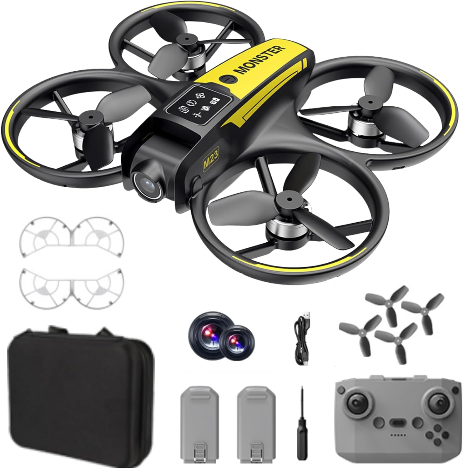 SuperRC M23 Mini RC Drone, black and yellow, held above a hand, showcasing its compact size and propeller guards.
