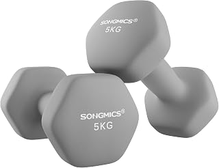 SONGMICS Zestaw 2 hantli, 2 x 5 kg, zestaw hantli krótkich, sześciokątne, powłoka neoprenowa, trening siłowy, trening fitness, do domu, kolor gołębi szary SYL910G01