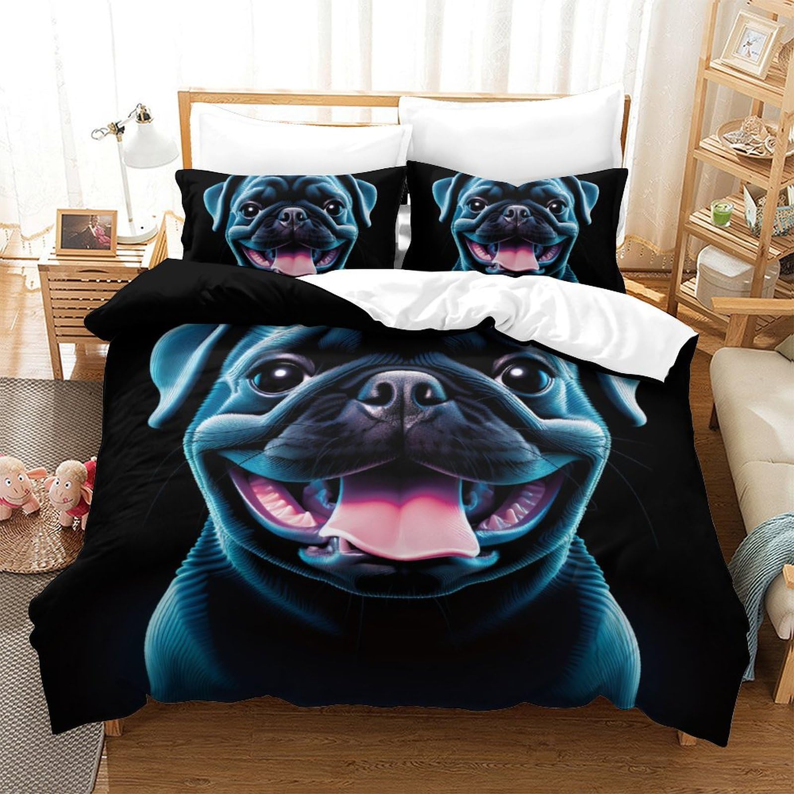 Housse de couette bouledogue français en microfibre 200x200 cm avec 2 taies d'oreiller