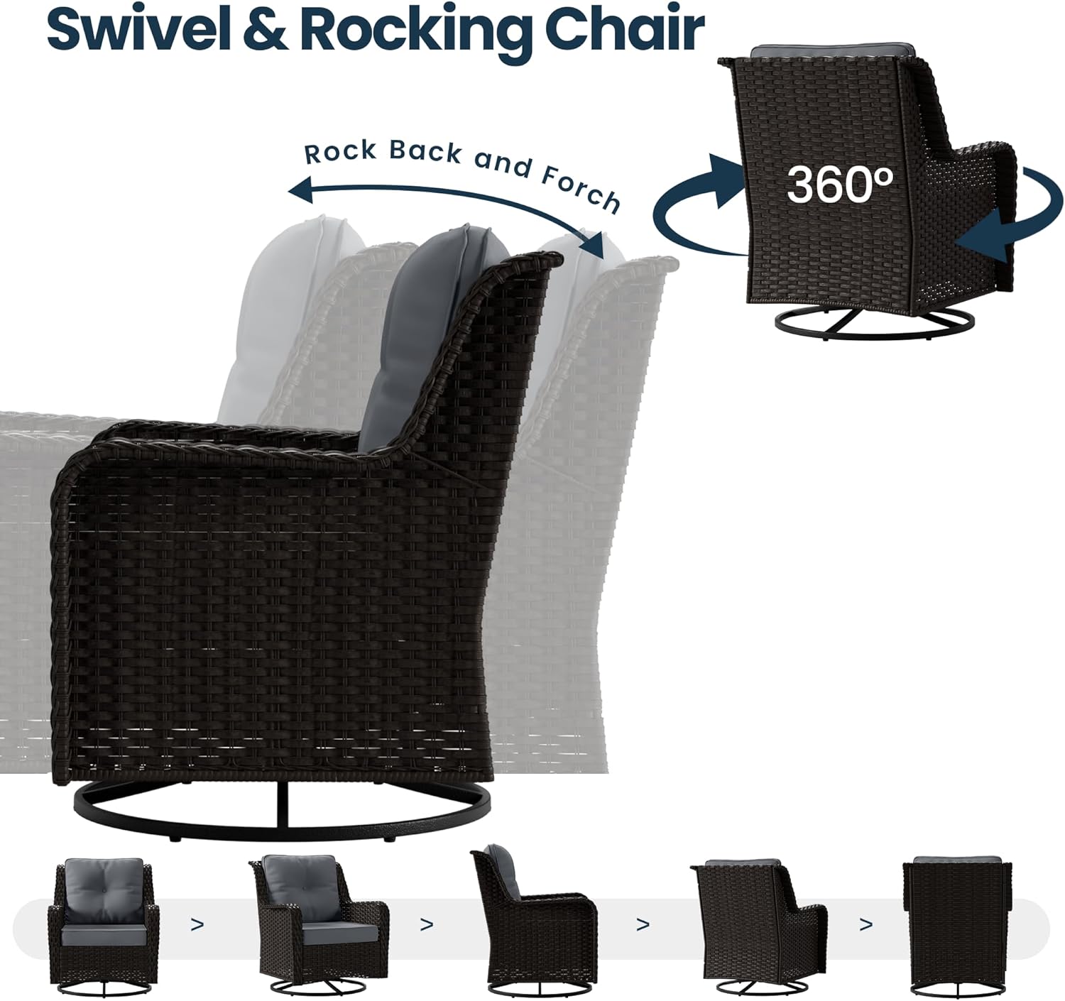 Kullavik 7 Pieces Patio Furniture Set,All-Weather Wicker High Back Outdoor Swivel Rocker Patio Chairs with Coffee Table & Thick Cushions,Paito Conversation Set for Porch,Deck,Grey