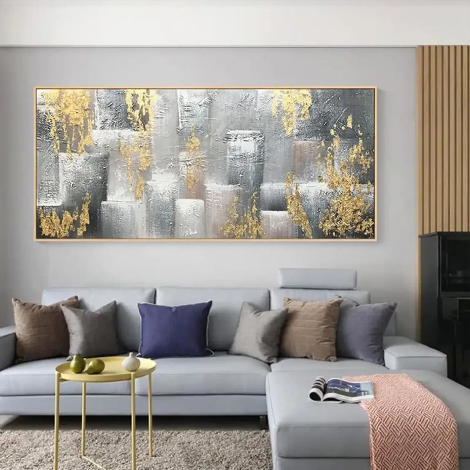 18meng Art Abstrakte Leinwand Bilder Gold Silber Leinwanddruck Wandbilder 80x60 cm XXL Modern Wohnzimmer Schlafzimmer Große Geometrische Kunstdruck Poster Decor Wandbild Aufhängefertig