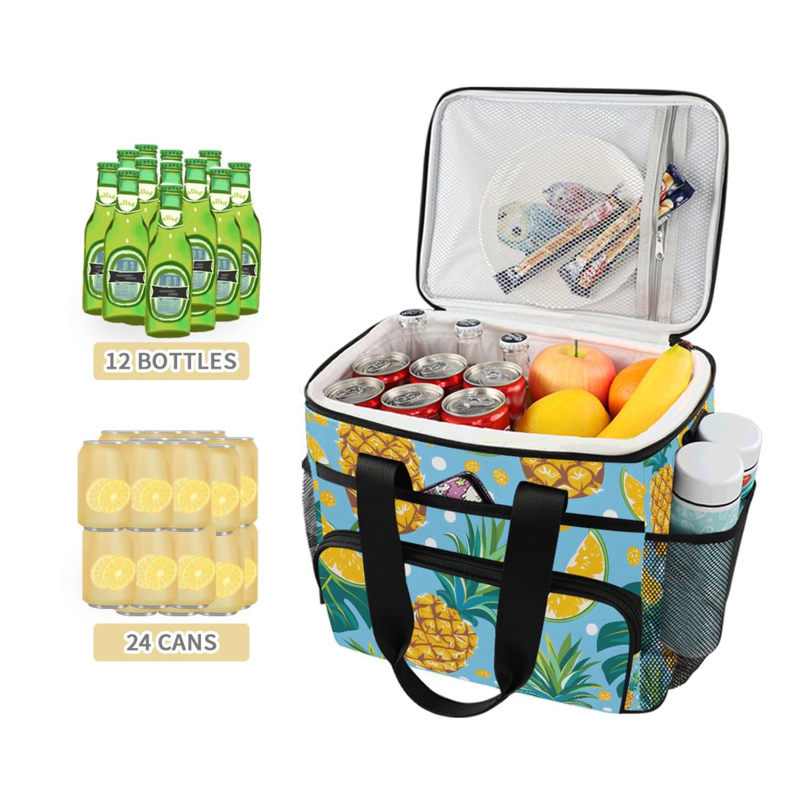 Bolsa térmica grande con diseño de hojas tropicales, lunares, piña, aislada, para picnic, 15 litros, 24 latas, impermeable, para adultos, hombres y mujeres