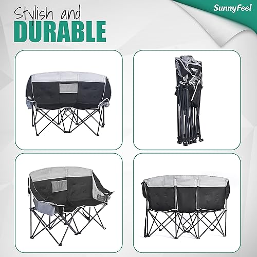 Miniatura 7 de SUNNYFEEL Silla de camping doble plegable de gran tamaño, silla de dos plazas portátil, silla de césped plegable resistente con almacenamiento para
