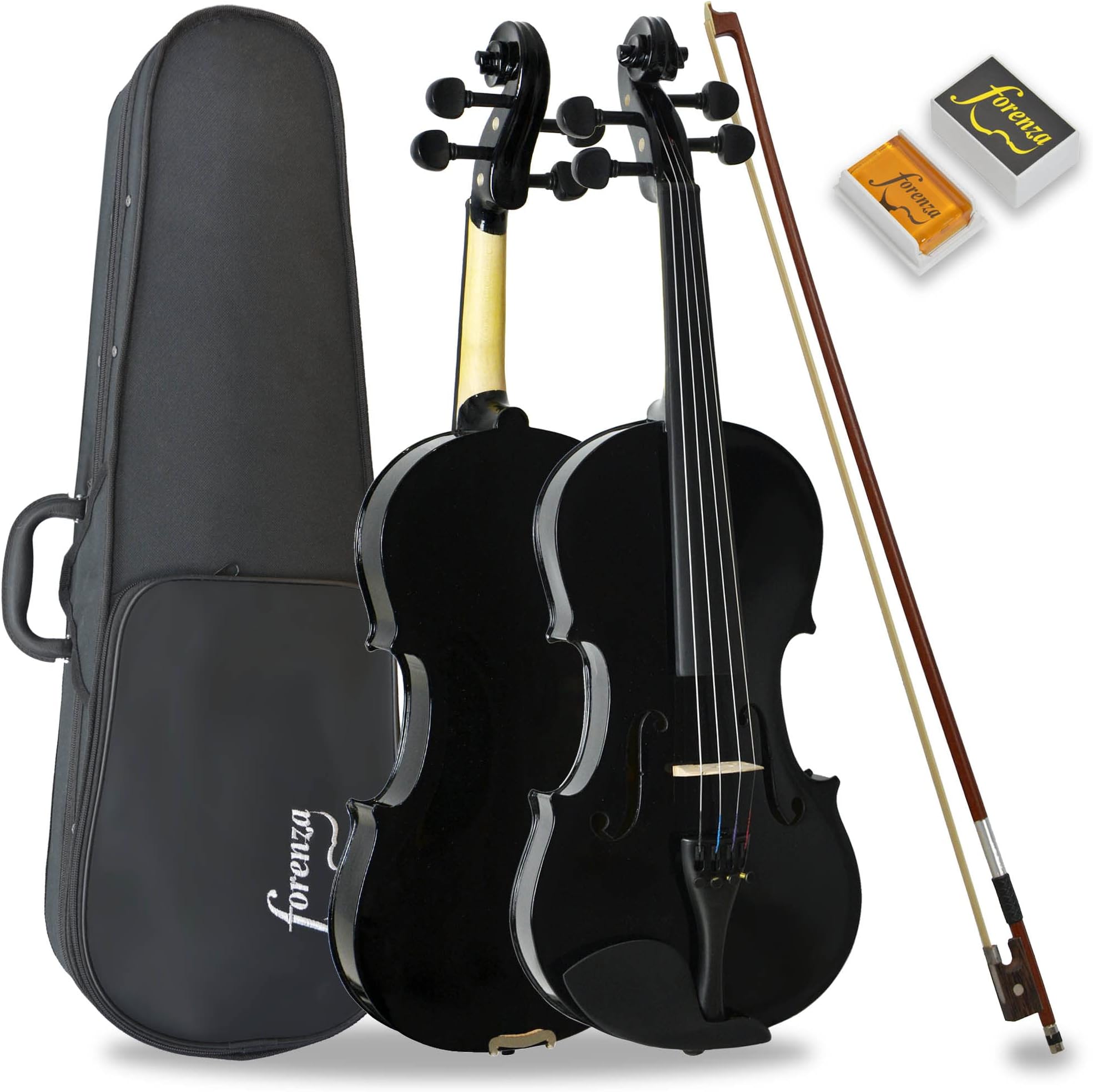 Forenza Uno Series 4/4 Full Size Violin Outfit for Beginners with Lightweight Hard Case, Wood Bow, Rosin, Steel Core Strings - Black