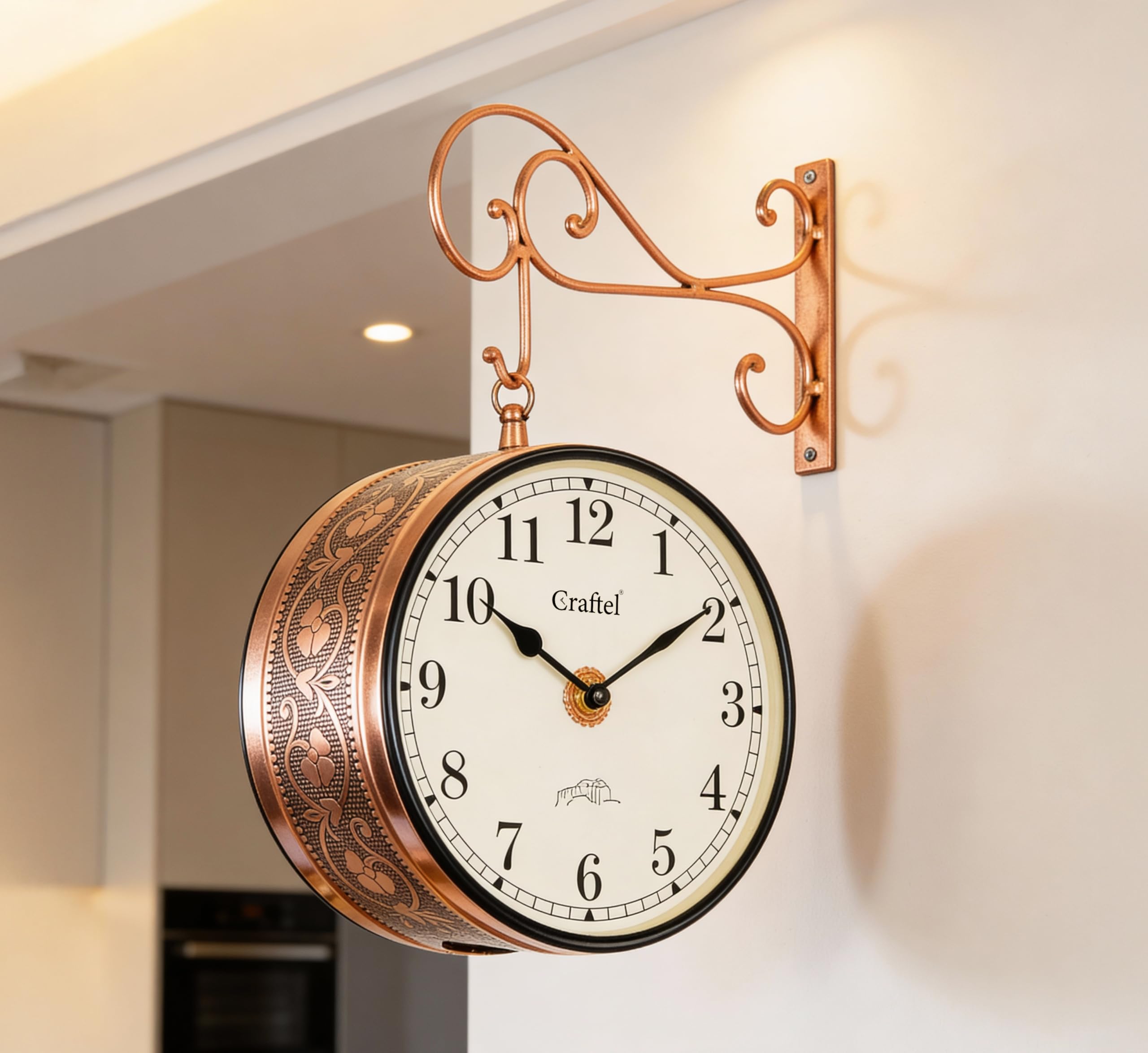 CRAFTEL Metal Analog Double Sided Vintage Station Wall Clock with Brass in dial (Dial - 8 Inches, Rose Gold)