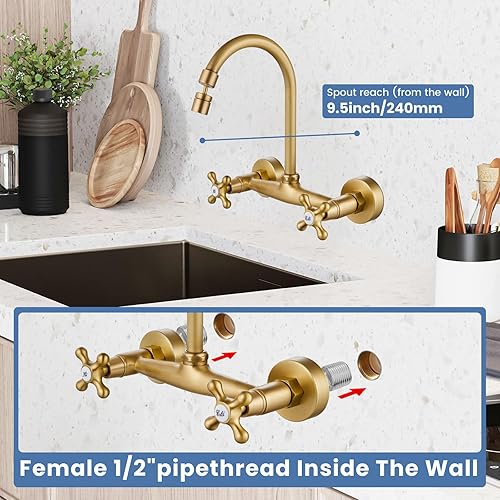 Vista 72 de Airuida Grifo de cocina de montaje en pared con rociador, grifo de fregadero de cocina montado en la pared, asas dobles cruzadas, boquilla giratoria