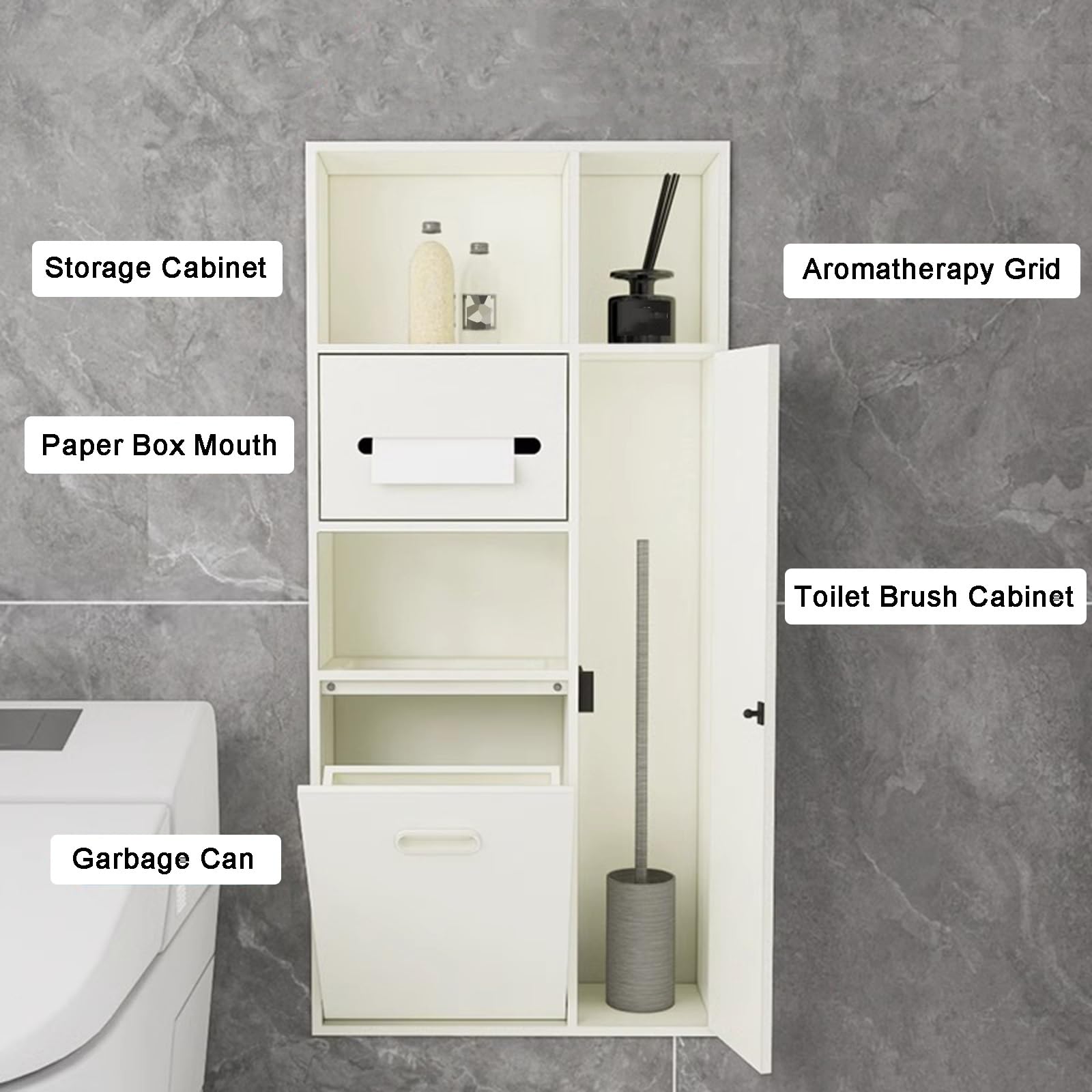 Bagno in acciaio inox con cestino integrato da incasso porta carta igienica e contenitore impermeabile per shampoo e articoli da toeletta – design a alcova nera