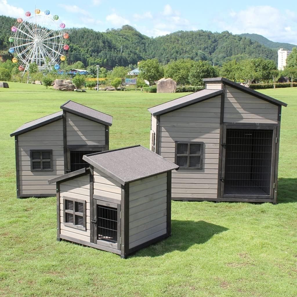 Outdoor Dog House, Wooden Raised Pet Kennel with Asphalt Roof, Front Door, Side Window, Porch for Medium/Large Dogs(Size:3X-Large)