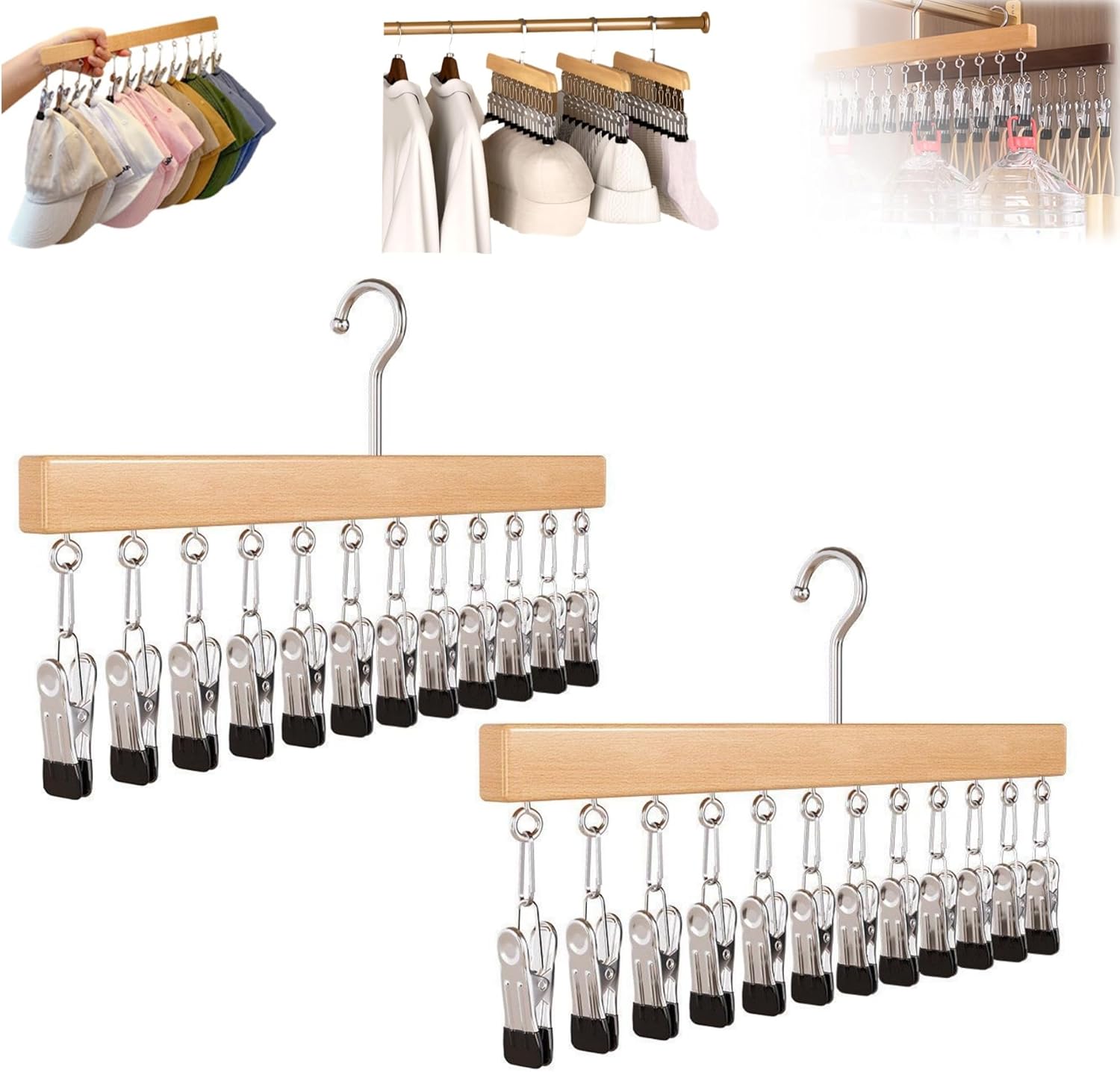 Closet Organizer with 10 Clips, Space Saving Hanging Closet Organizer, Space-Saving Hat Scarf Clothespins for Jeans Skirts Socks Pant Hangers with Clips (Wood-12 Clips, 2PCS)