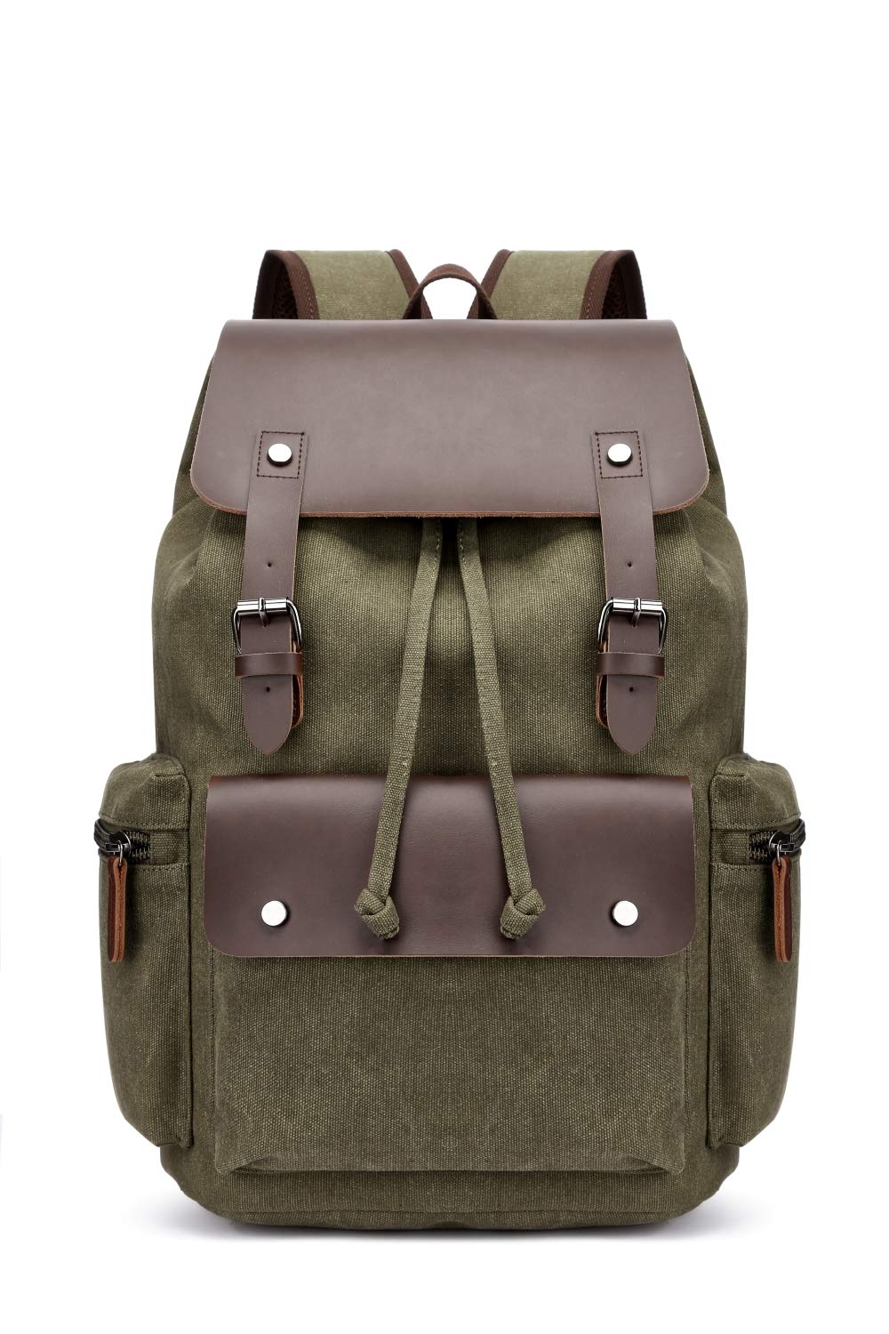Zaino Vintage in Tela e Pelle, Grande Capacità Multi-Tasca per Università, Viaggi & Lavoro, Zaino Impermeabile per Scuola (Verde Oliva)