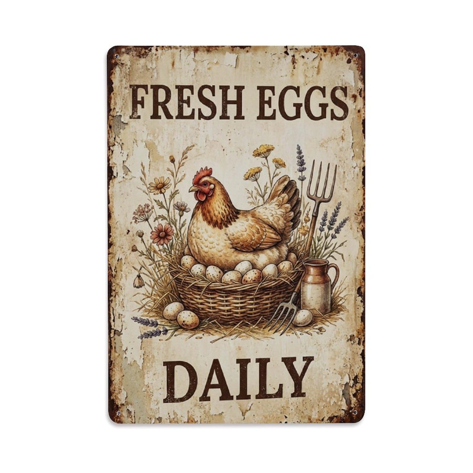 Okngb Style Vintage Chicken Farm Animal Motto Eggs Daily Heritage Metal Tin Sign Plaque Wall Decor For Cafe, Man Cave, Club Bar, Office, Home Garden Round Metal Poster 8X12inch