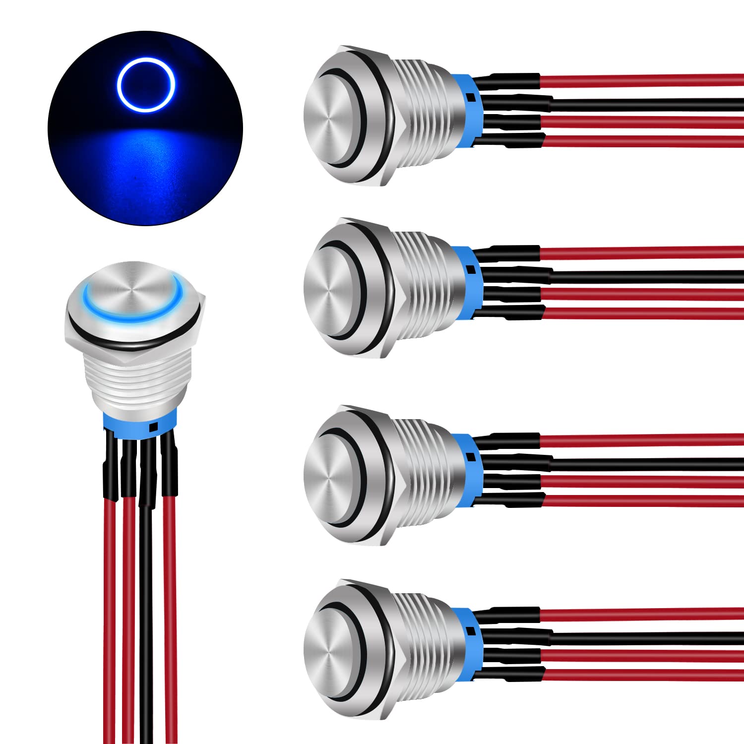 Nilight 5Pcs 16mm 12V Blue Latching Push Button Switch Heavy Duty Metal with 8inch Wiring Harness and Led Indicator Light 24V Pre Wired SPDT Self Locking 4Pin Marine for Boats Cars Truck