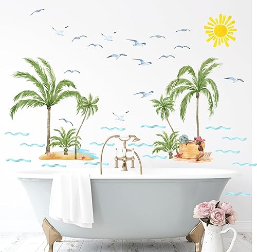 Pegatinas de pared de palmera, grandes tropicales, cocoteros, acuarela, sol, gaviota, calcomanías de pared, olas de mar, verano, playa, temática de