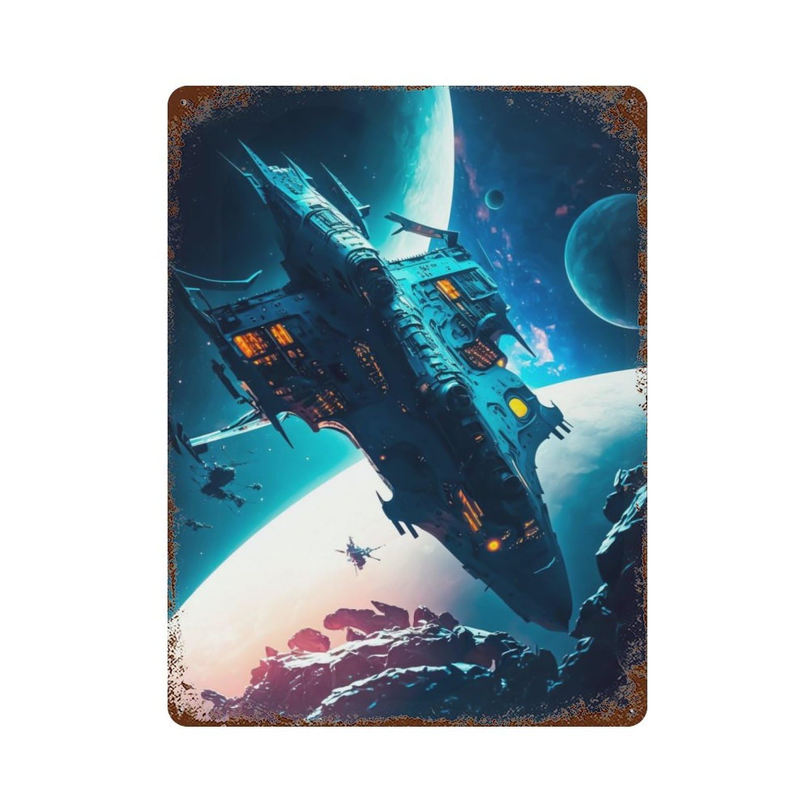 Ancient Spacecraft 15.7"x11.8" Rusty Metal Tin Sign, Shabby Chic Decor for Bistro, Counter And Cafe Decor