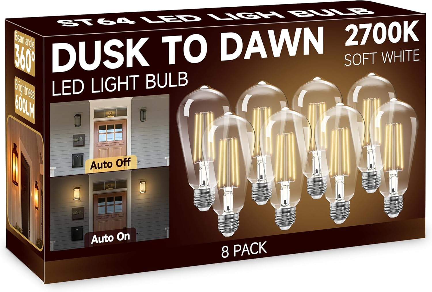 Dusk to Dawn Light Bulbs, Outdoor Light Bulbs, ST64 6W Equivalent 60W, 2700K Soft White, 600LM LED Outdoor Lighting, E26 Base, Photocell Sensor, Auto On/Off Bulb for Porch Patio Garage, 8 Pack