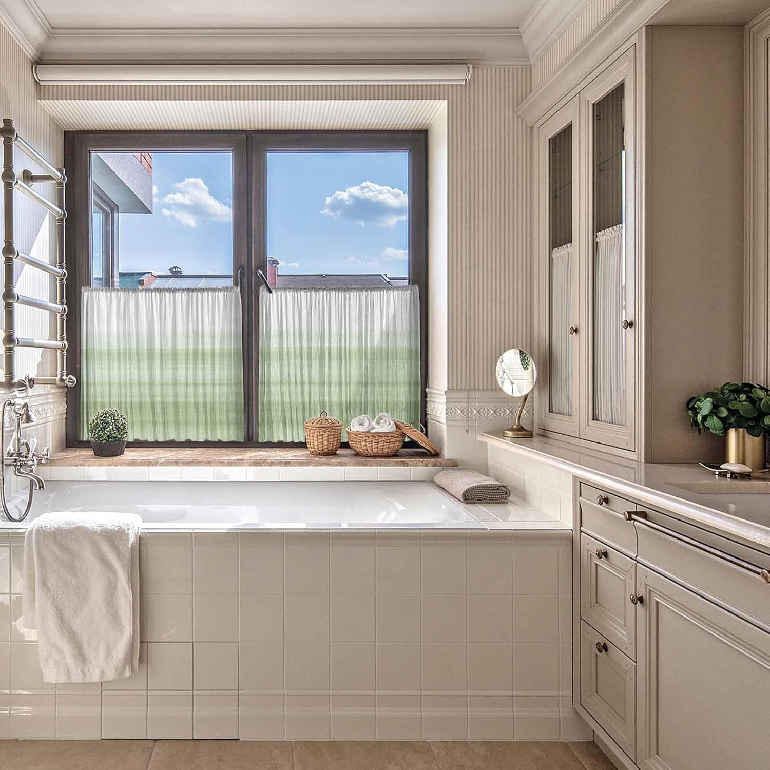 Abstract Sheer Curtains 54 Inches Long, Modern Art Ombre Sage Green Window Treatment Panels Light Filtering Rod Pocke Curtain Voile Drapes for Bedroom/Living Room Each 52" W x 54" L