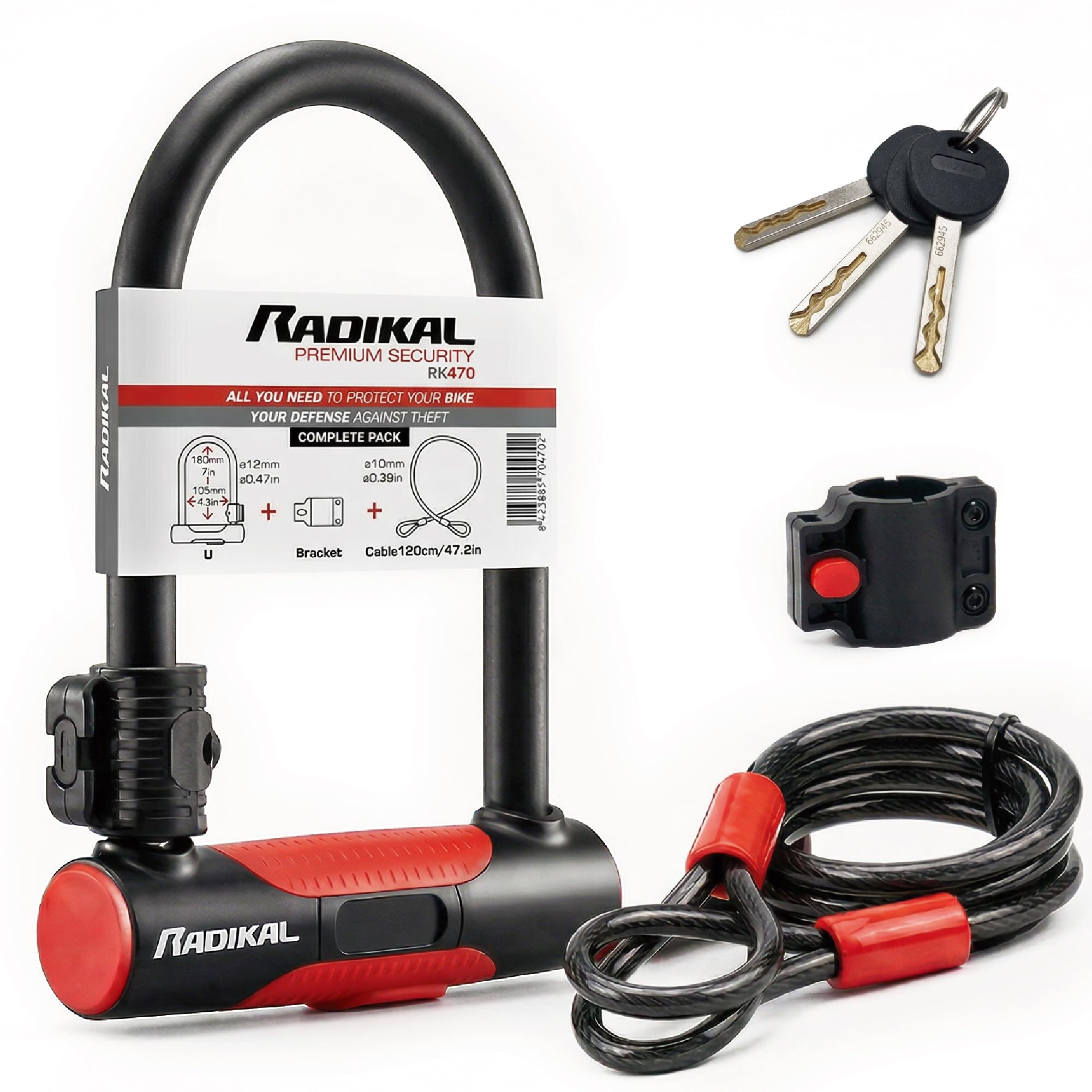 RADIKAL RK470 Candado Bicicleta en U con Cable 120cm, Antirrobo Bicicleta Acero Endurecido + Soporte, U Lock Bici Seguridad Urbana Resistente y Portátil, Candado Patinete Eléctrico, Scooter, 3 Llaves