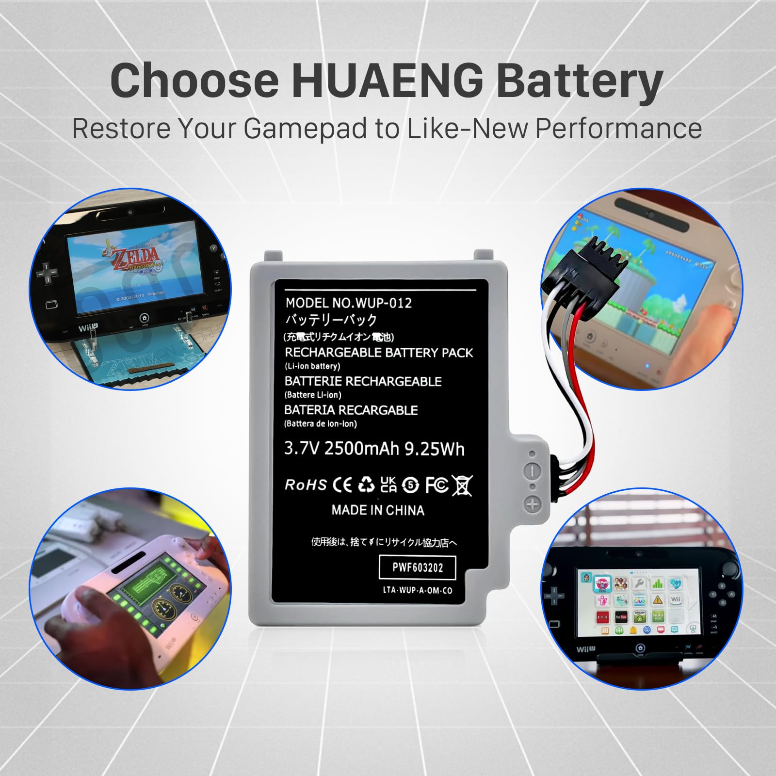 WUP-012 - Batteria agli ioni di litio ad alta capacità, 2500 mAh, per Nintendo Wii U Gamepad WUP-010 WUP-012 WUP012 con toolkit
