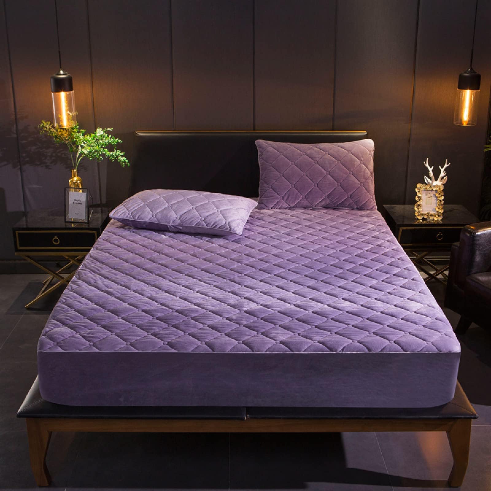 FCLDESHOP Soft & Comfortable Bed Sheets,Solid Color Warm And Thick Crystal Velvet Bottom Sheet Bedspread, Quilted Non-Slip Mattress Top Hat Pillowcase,Purple,180x200cm+15cm