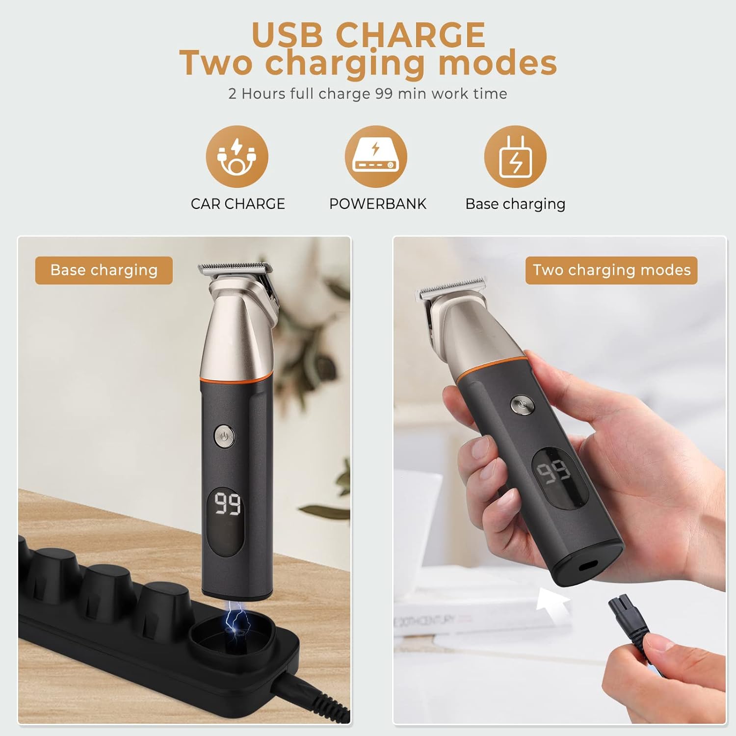 Trimmer charging via base and direct USB cable