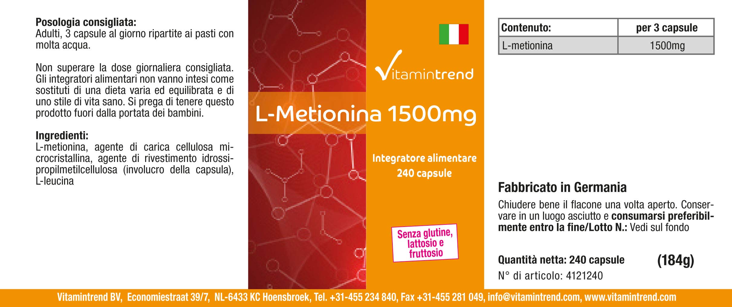 Vitamintrend L-Metionina 1500 mg per dose giornaliera, 240 capsule, ad alto dosaggio, integratore alimentare vegano senza magnesio stearato, prodotto in Germania