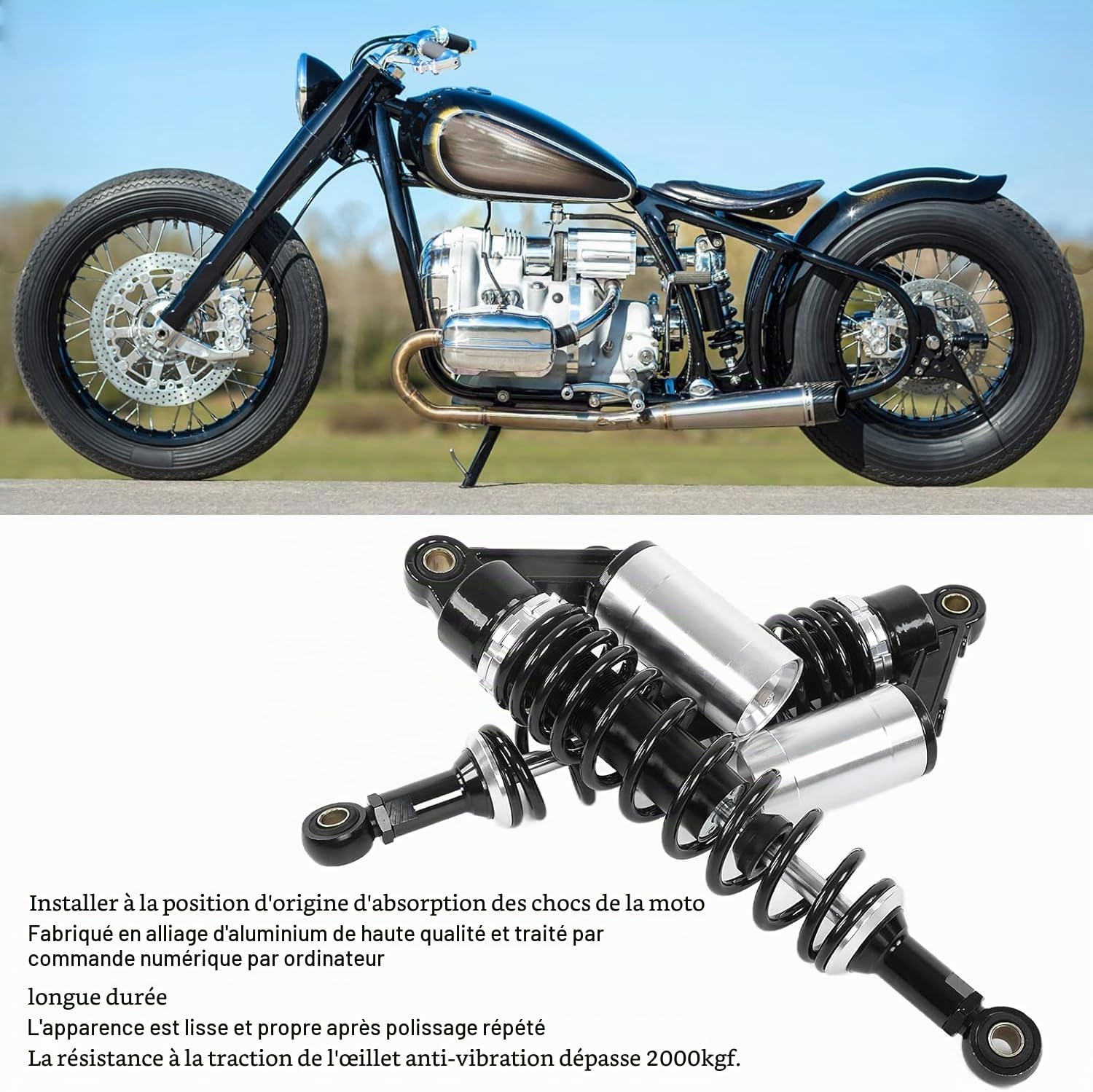 Aramox Amortisseur de Moto Arrière Universel, 340mm, Paire de Suspension à Ressort pour ATV SUV, Alliage d'Aluminium, Noir et Argent