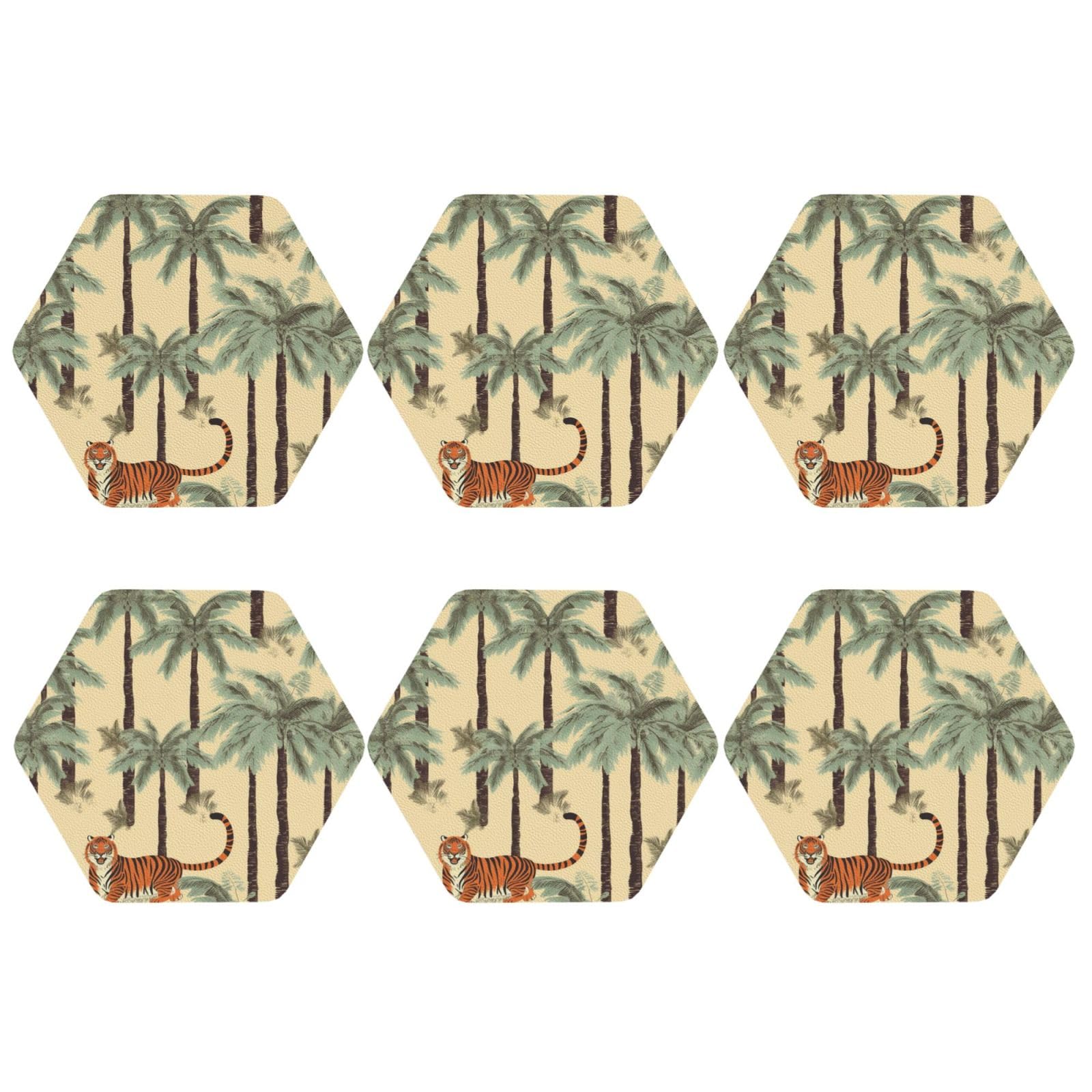6pcs Leather Coasters for Drinks, Palm Trees and Tigers Drink Coasters for Tabletop Protection, 4" Cup Coasters for Coffee Table Decor, Non-Slip Drinking Cup Mat for Hot Or Cold Drink