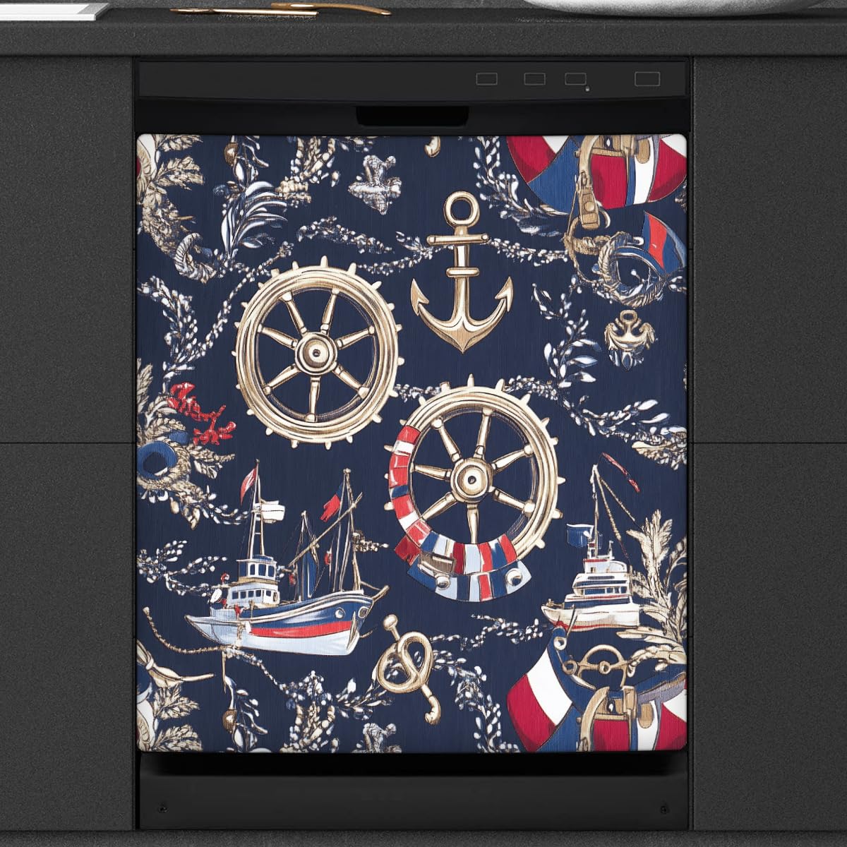 Mexpekil Adesivo decorativo per lavastoviglie con bussola nautica per barca, 53 x 66 cm, adesivo decorativo per lavastoviglie per porta d'ingresso, impermeabile, pannello magnetico per