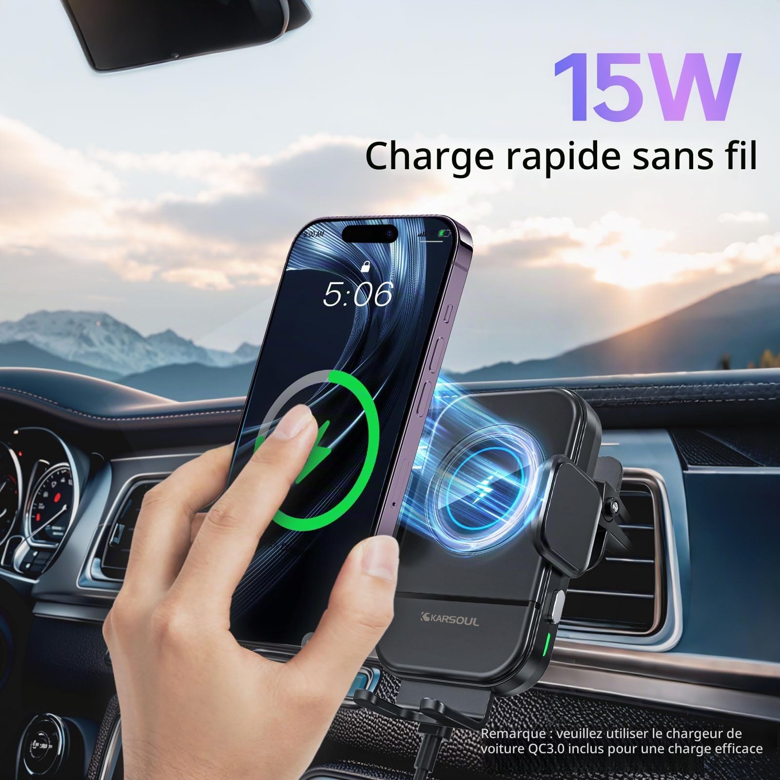 Support TéLéPhone Voiture,15W Charge Rapide sans Fil, Serrage Automatique Et Refroidissement, pour Phone 16-14/ Galaxy S25/S24,Ventilation Qi, Tableau De Bord, Pare-Brise
