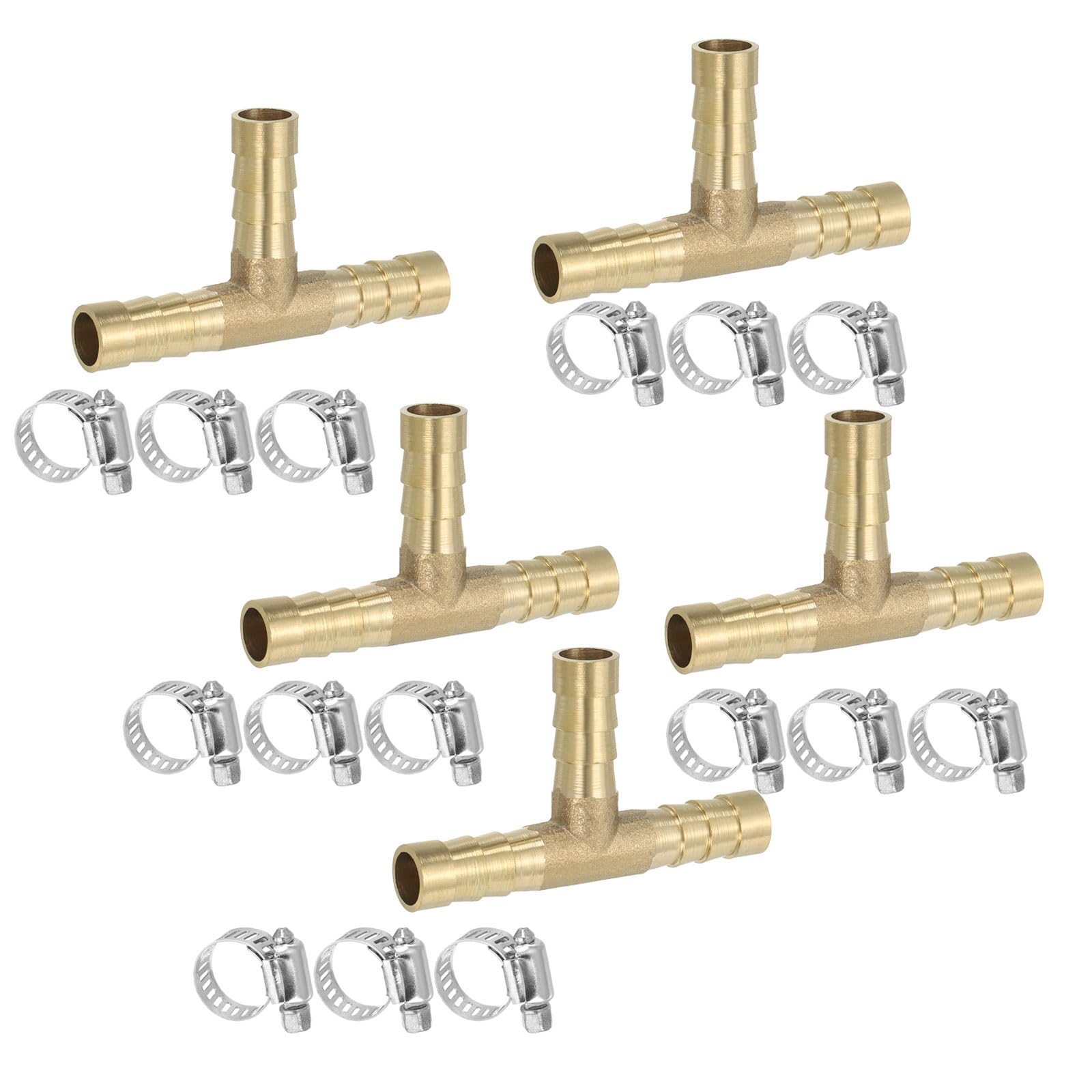 PATIKIL 1/2" Brass Tee Hose Barb Fitting, 3 Ways Union Intersection T Shape Barbed Split with Clamps for Air Water Fuel Gas Liquid, Golden — view 15