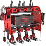 Organisateur d'outils électriques avec station de recharge, service lourd 3 Layer Drill Holder Wall Mount Garage étagère rack avec 6 Outlet Power Strip, Étagère à outils avec crochets, Rack de percement pour garage, Rouge