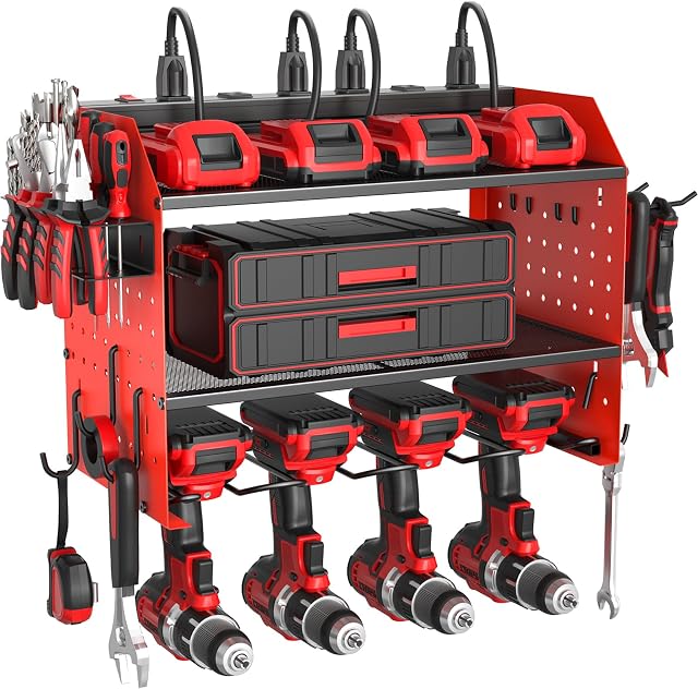 Organisateur d'outils électriques avec station de recharge, service lourd 3 Layer Drill Holder Wall Mount Garage étagère rack avec 6 Outlet Power Strip, Étagère à outils avec crochets, Rack de percement pour garage, Rouge