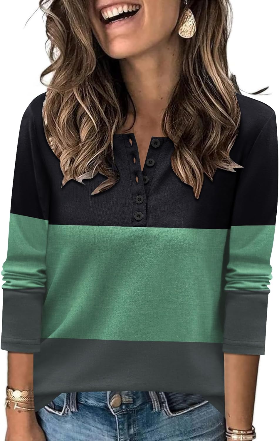 LUYAA Fall Tops for Women 2025 Womens Button Down Shirts Color Block Tunic Tops V Neck Long Sleeve Shirts for Women Black Green Charcoal XL