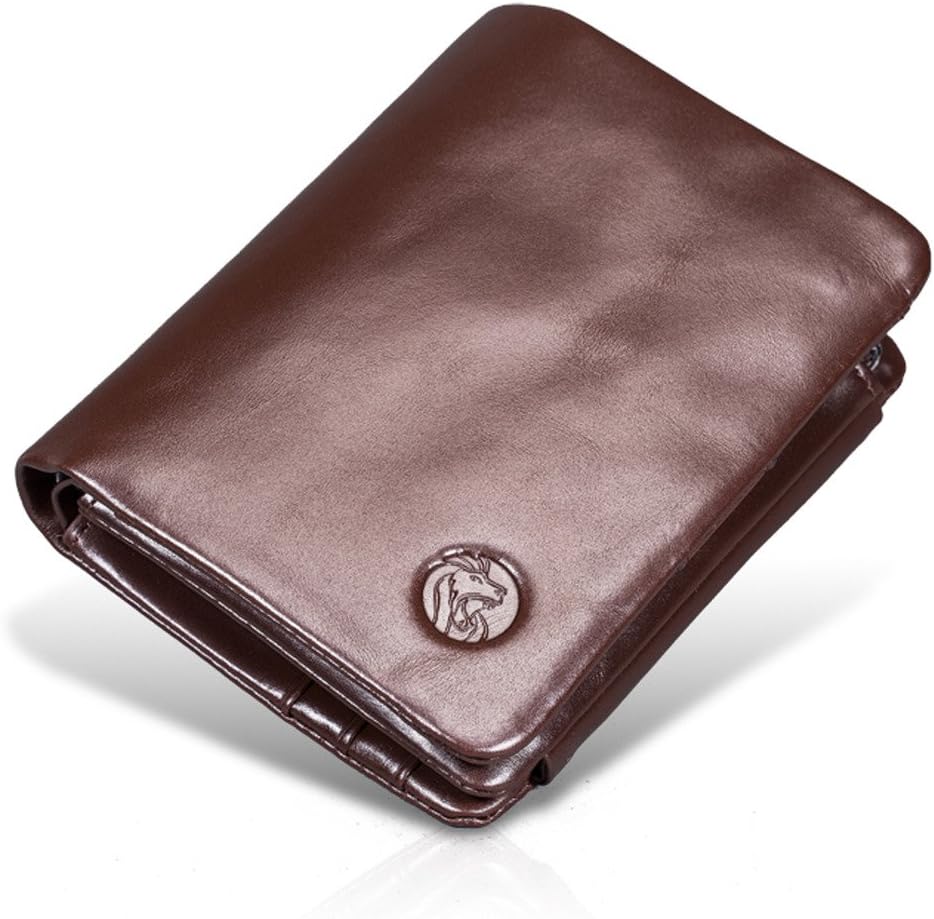 Men's Trifold Business Wallet with Zipper Bag,Genuine Oil Wax Cow Leather,Coffee