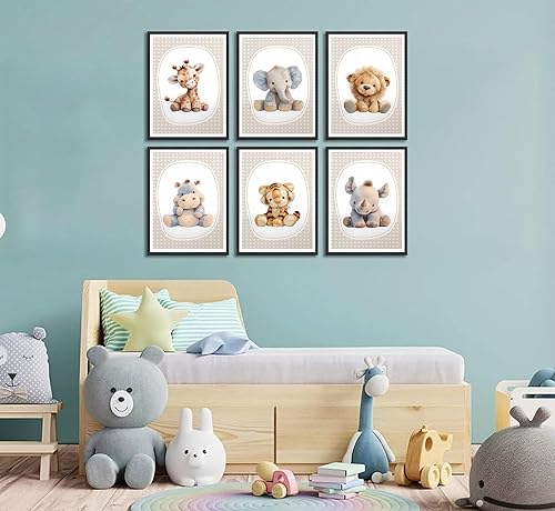 Miniatura 4 de 6 piezas de lienzo de animales para guardería, arte de pared de elefante, jirafa, estampado de safari, elefante, jirafa, cuadros para decoración de