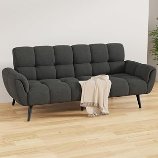 Convertible Futon Sofa Bed, Modern Linen Futon Couch, Comfy Sleeper Sofa with Adjustable Backrests, Couch Bed for Small Spaces, Living Room, Bedroom, Apartment, Dark Gray