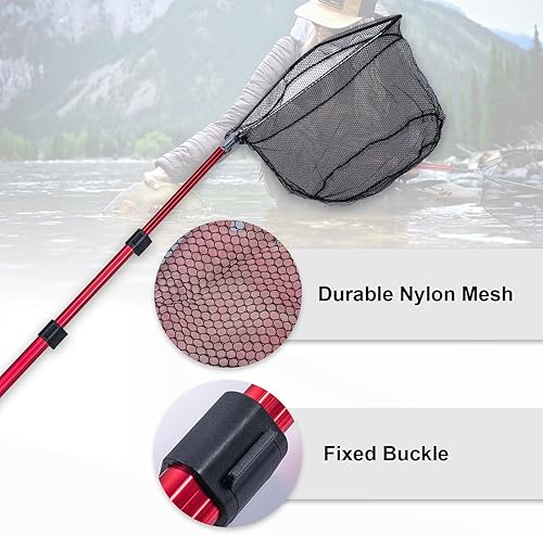 Miniatura 3 de Goture Red de pesca plegable para pesca con mango largo de aluminio, mango telescópico para agua salada y agua dulce, fácil captura y liberación, se