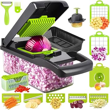 16-in-1 Vegetable Chopper, Mandoline Vegetable Slicer, Food Chopper with Stainless Steel Blades, Peeler, Hand Guard and Cleaning Brushes, Salad and Onion Chopping Box with Lid, Kitchen Gadget