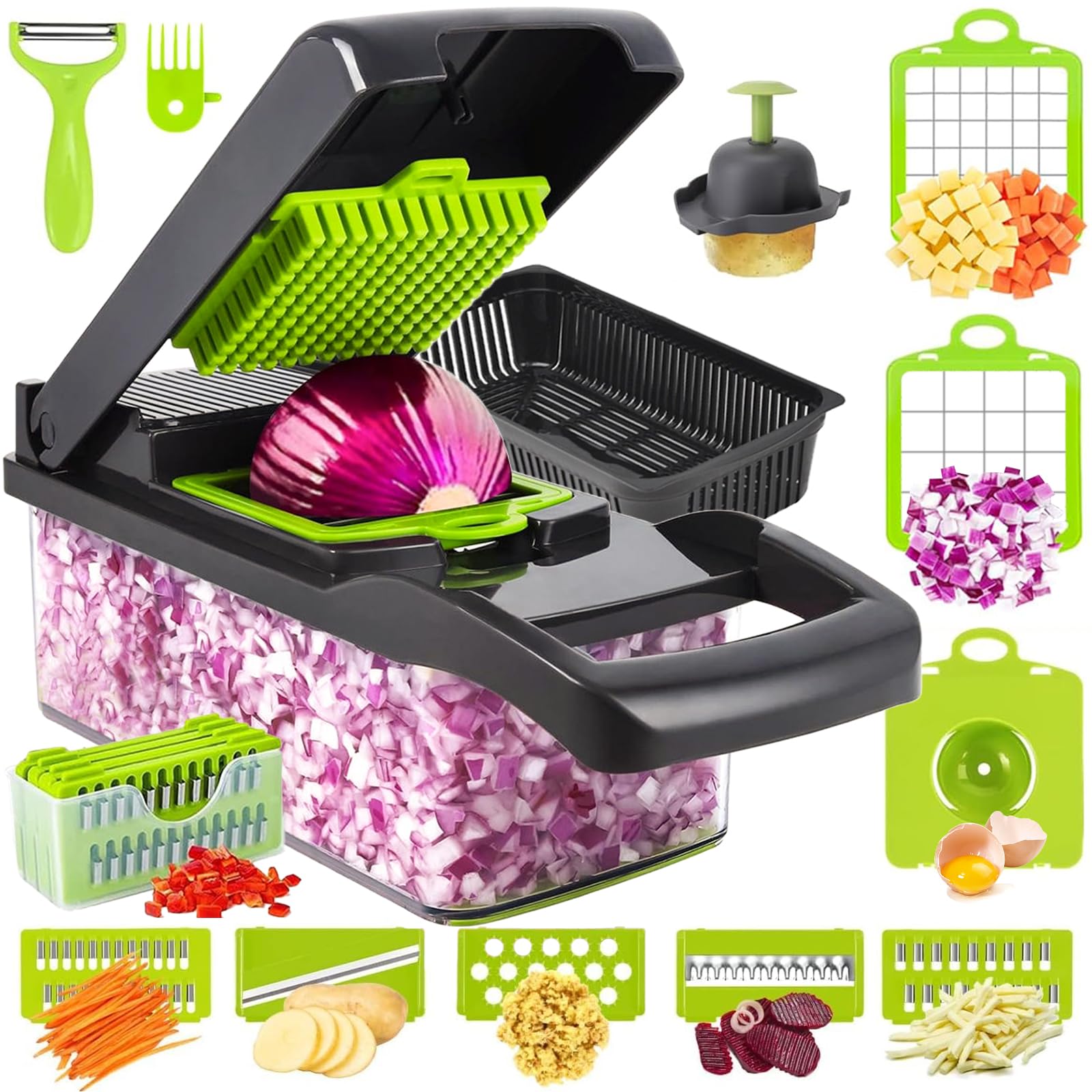 16-in-1 Vegetable Chopper, Mandoline Vegetable Slicer, Food Chopper with Stainless Steel Blades, Peeler, Hand Guard and Cleaning Brushes, Salad and Onion Chopping Box with Lid, Kitchen Gadget