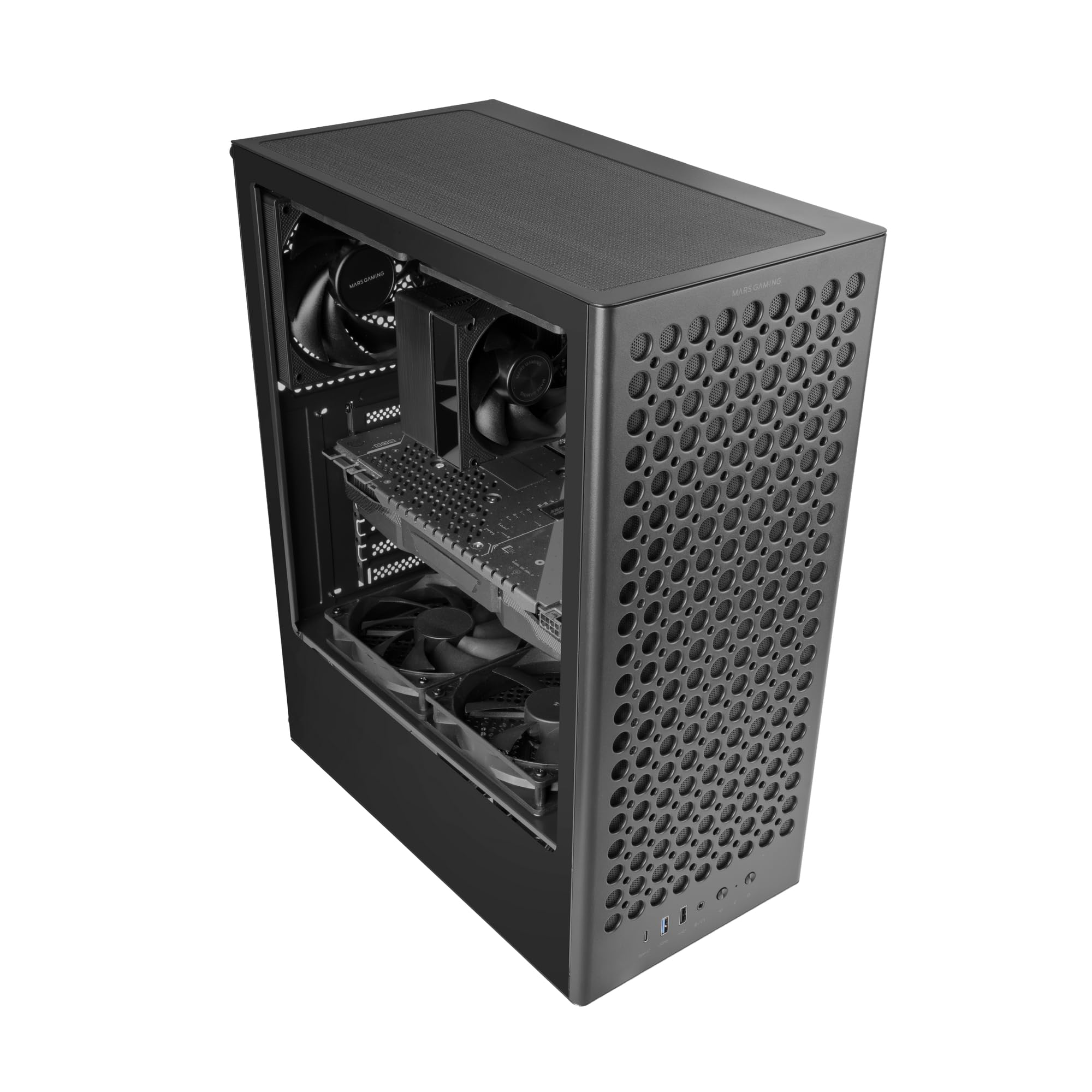 Mars Gaming MC-T800, Caja Gaming ATX, 4X Ventiladores FDB 120mm Ultrasilenciosos, Panel Frontal Airdot Mesh, Ventana Lateral de Cristal Templado, Semitorre PC con Sistema CableHatch, USB-C, Negro