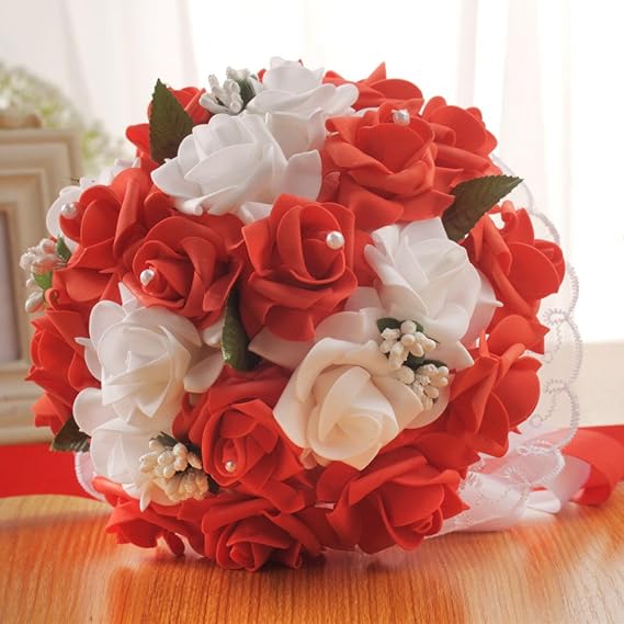 Wedding Bouquet - Crystal Rose Pearl Bridesmaid Bride Artificial Silk Flower Bridal Brooch Bouquets, Flowers Diamond Satin Bouquets for Wedding, Engagement Valentine's Day Decor (Purple)
