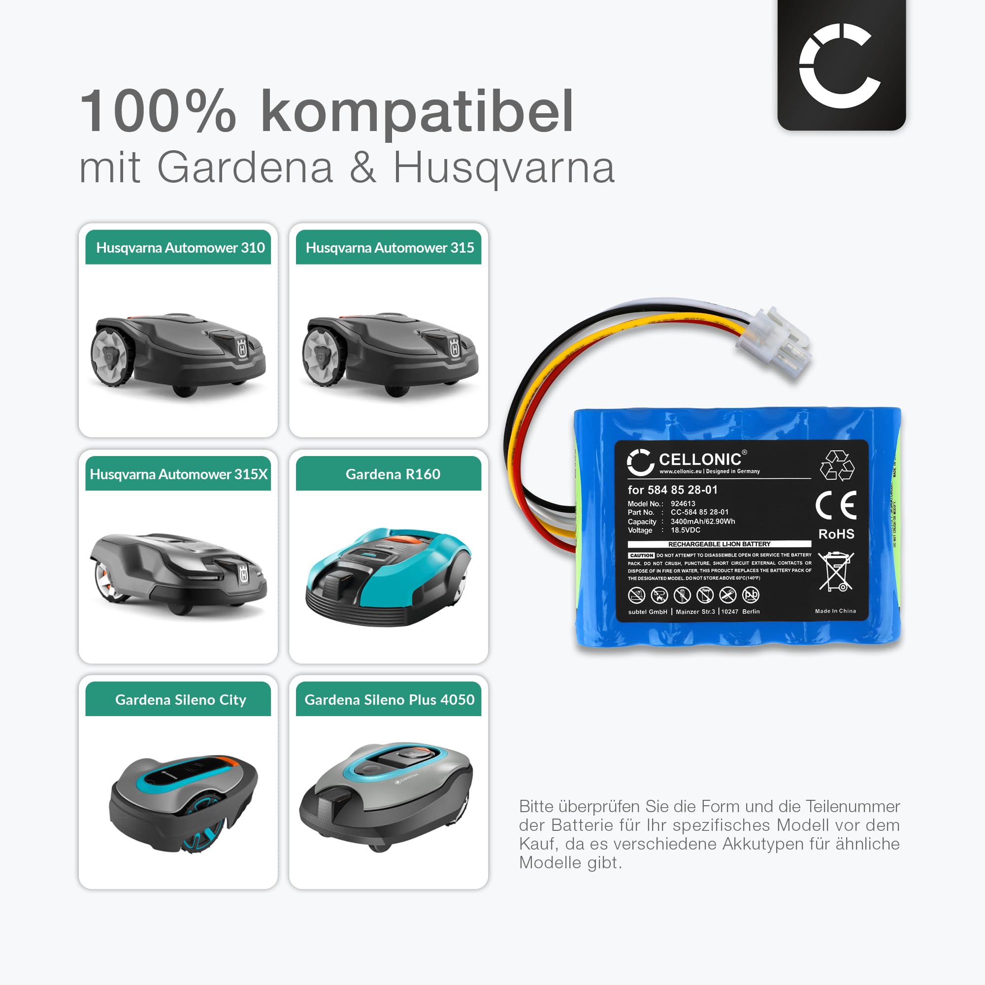 CELLONIC 1x Akku für Garten Kompatibel mit Gardena Sileno, Kompatibel mit Husqvarna R100Li, R100Lic, 589586201 - (3400mAh, 18.5V)
