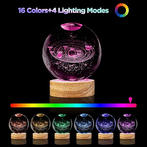 Miniatura 2 de PYMIN3D Luz nocturna de bola de cristal con sistema solar 3D, lámpara de bola de cristal k9 de 3.15 pulgadas con cambio de 16 colores, base de