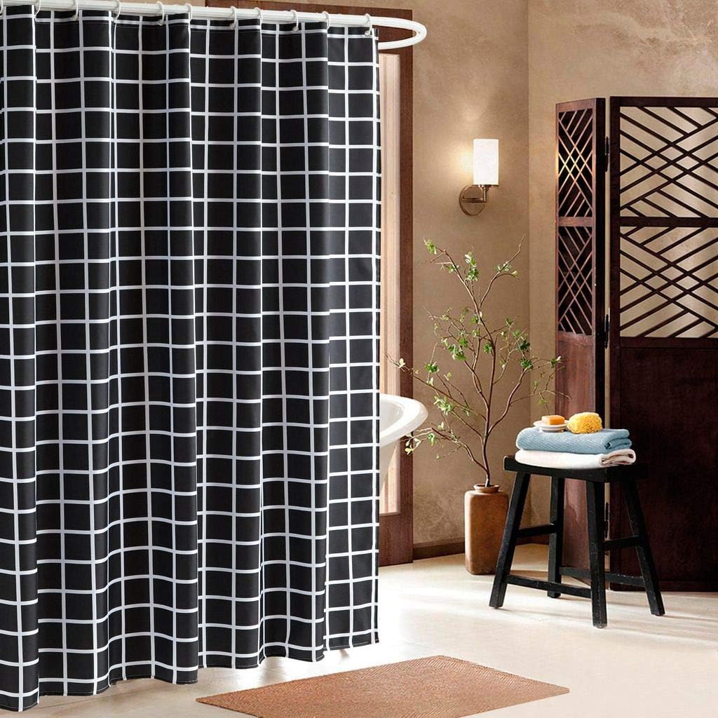 RARVA Washable Waterproof Polyester(Best Hotel Quality Eco Friendly) Liner Set for Bathroom Fabric Shower Curtain with Hooks - 72 x 72 inches, Black White Square Geometric