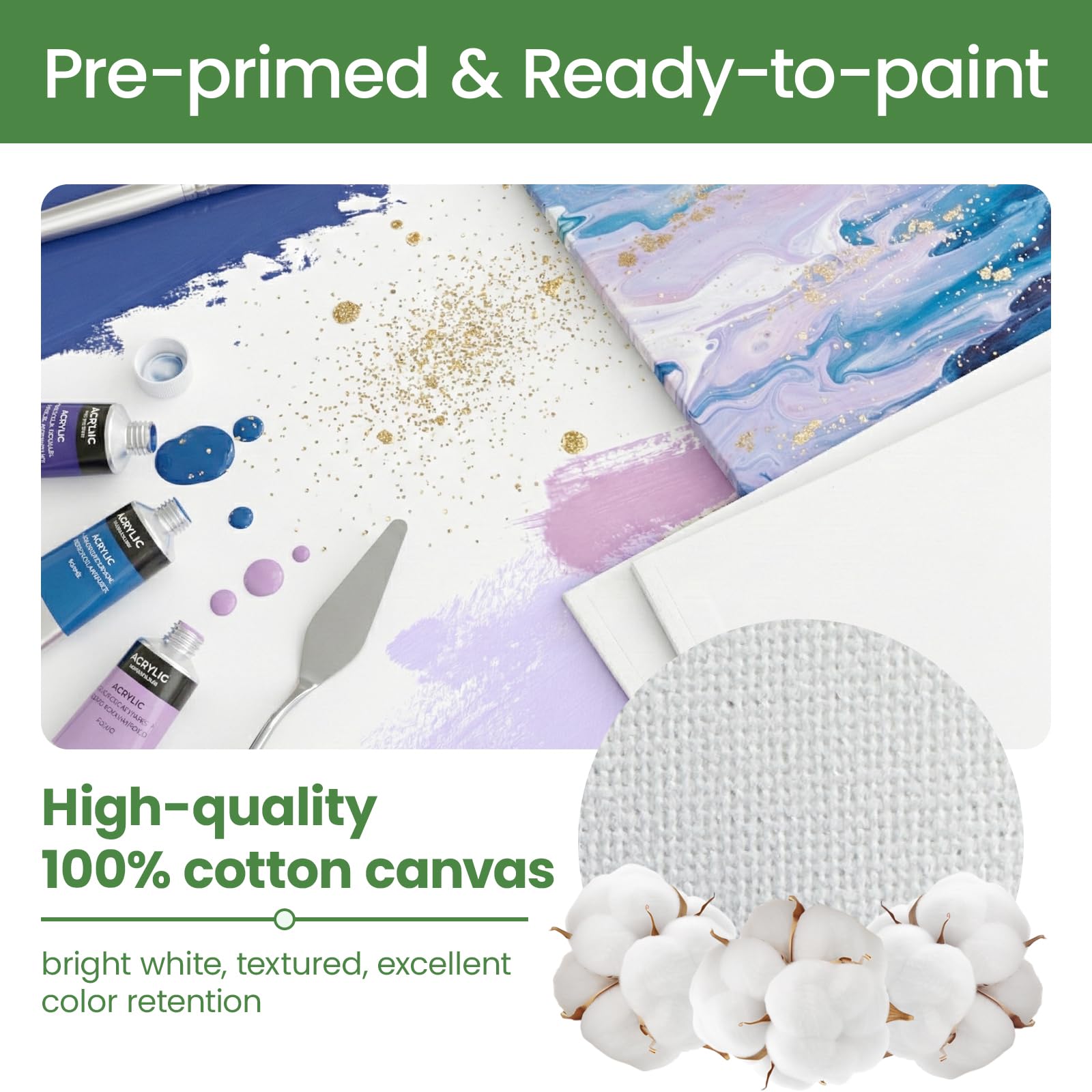 Lienzo estirado de 12 x 12 pulgadas para pintar, lienzos cuadrados 100% algodón para pintar, paquete de 2 lienzos blancos en blanco para pintura acrílica y al óleo